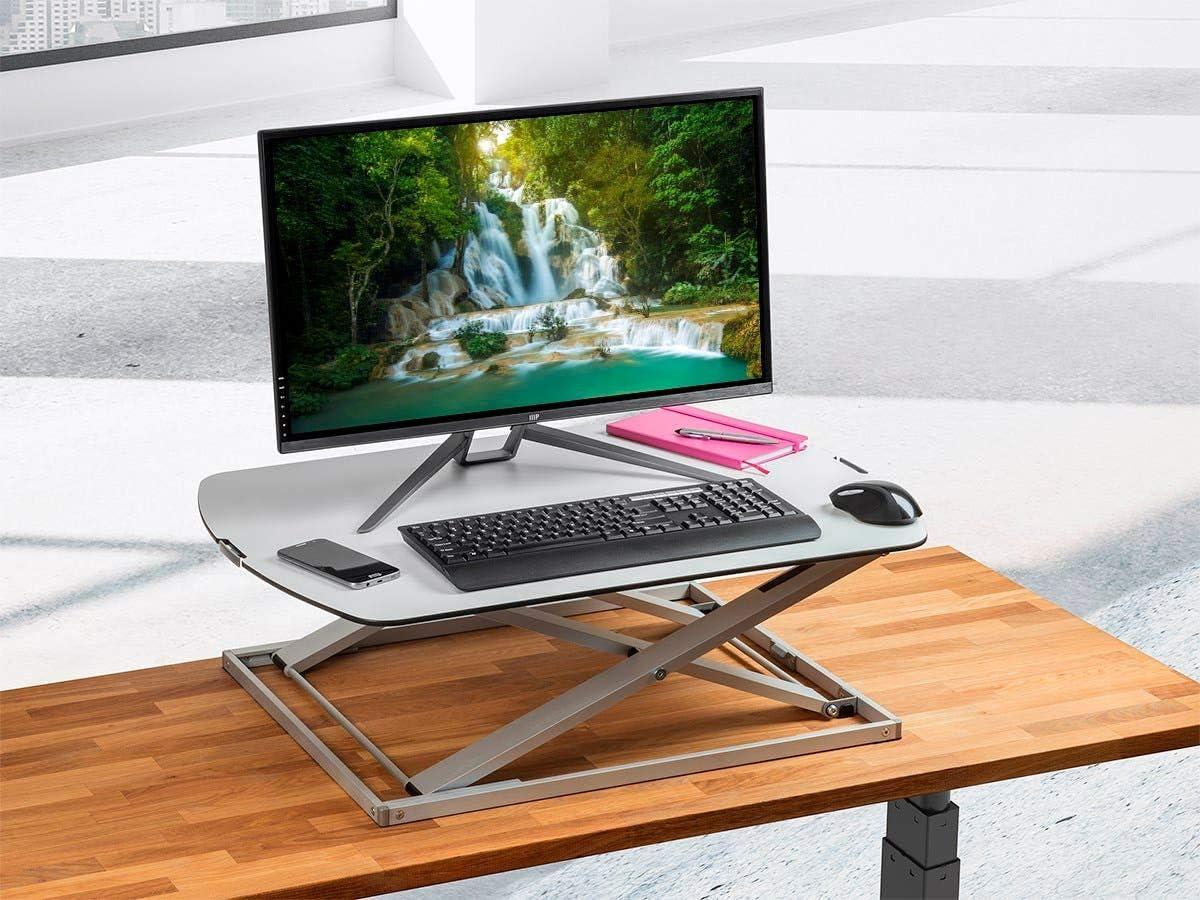 image:imageMonoprice Height Adjustable PC Workstation Cart for Seated or Standing Position with 28 Inch Table TopTwo Additional Accessory Shelves Ideal for Work and Home Black Keyboard MonitorAluminum