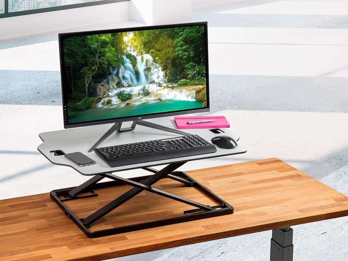 image:imageMonoprice Height Adjustable PC Workstation Cart for Seated or Standing Position with 28 Inch Table TopTwo Additional Accessory Shelves Ideal for Work and Home Black Keyboard MonitorWhite
