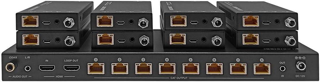 image:imageMonoprice 4K HDMI 20 1x8 Splitter Extender Kit Up to 60 Meters 4K60Hz 18Gbps HDR10 HDR10 Dolby Vision Hyper LogGamma HDCP 22 HDMI Loop Out EDID PoC 8 Receivers Blackbird Series