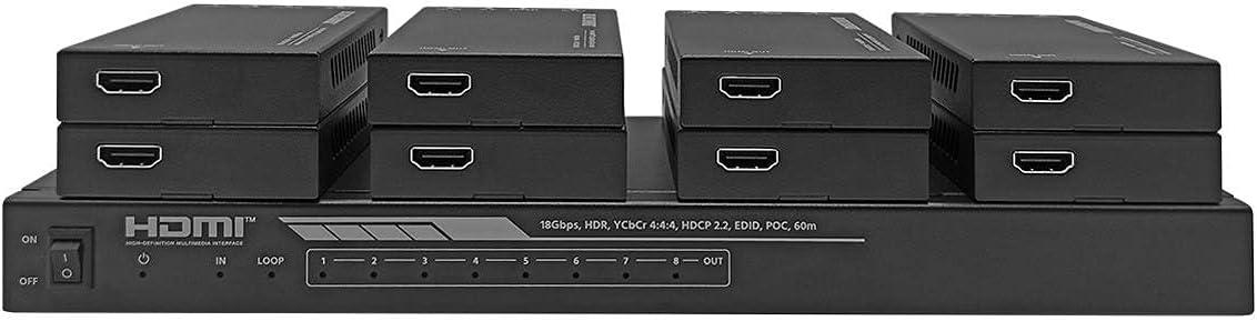 image:imageMonoprice 4K HDMI 20 1x8 Splitter Extender Kit Up to 60 Meters 4K60Hz 18Gbps HDR10 HDR10 Dolby Vision Hyper LogGamma HDCP 22 HDMI Loop Out EDID PoC 8 Receivers Blackbird Series