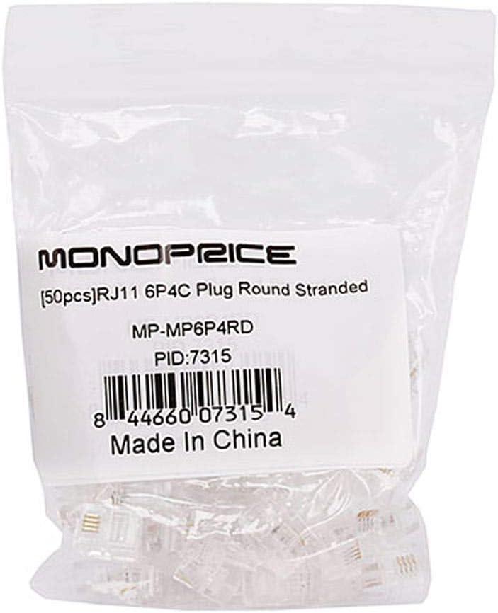 image:imageMonoprice 6P4C RJ11 Modular Plugs for Round Solid Cable Crimp On 1U 3 Prongs 4 Conductor Clear 50Pack