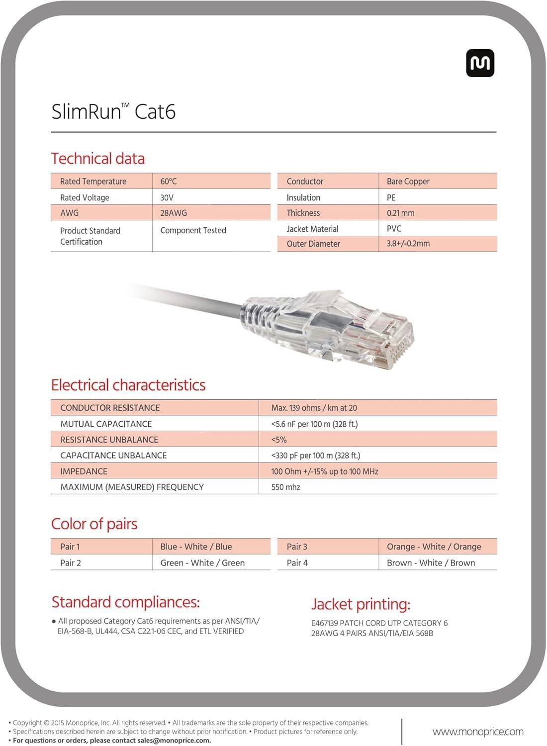 image:imageMonoprice Cat6 5ft Blue Component Level Patch Cable UTP 28AWG 550MHz Pure Bare Copper Snagless RJ45 SlimRun Series Ethernet CableGray