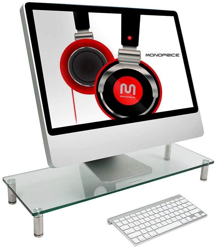 image:imageMonoprice Medium Multimedia Desktop Stand Black Glass 276 x 122 x 3 Stand amp Riser Laptop Stand Desktop TV Stand Dual Monitors w Height Adjustable Legs Workstream Collection 116360 256 x 110Clear Glass