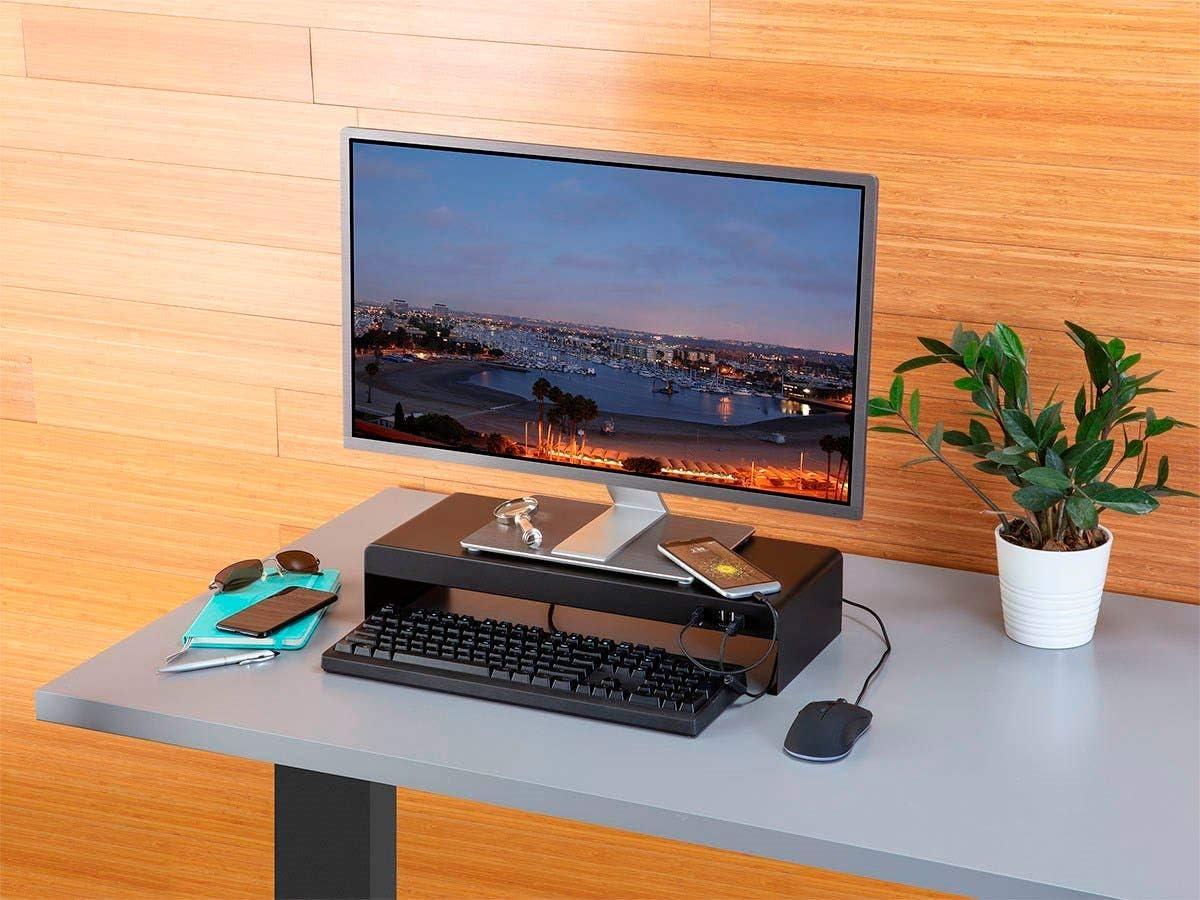 image:imageMonoprice Medium Multimedia Desktop Stand Black Glass 276 x 122 x 3 Stand amp Riser Laptop Stand Desktop TV Stand Dual Monitors w Height Adjustable Legs Workstream Collection 116360 256 x 110Black Metal