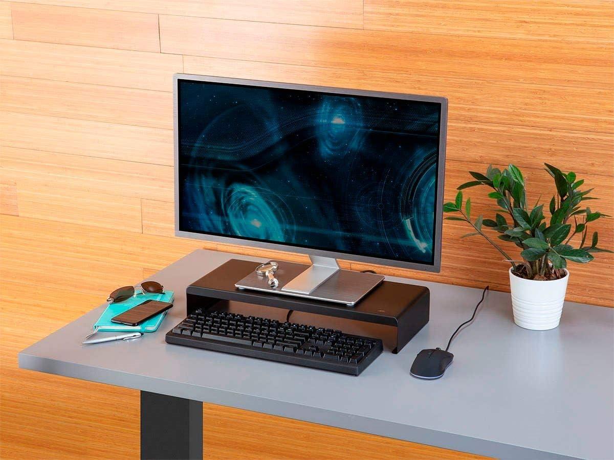 image:imageMonoprice Medium Multimedia Desktop Stand Black Glass 276 x 122 x 3 Stand amp Riser Laptop Stand Desktop TV Stand Dual Monitors w Height Adjustable Legs Workstream Collection 116360 256 x 110Black Metal