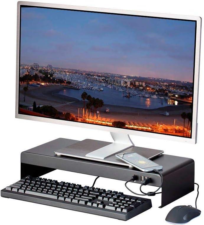 image:imageMonoprice Medium Multimedia Desktop Stand Black Glass 276 x 122 x 3 Stand amp Riser Laptop Stand Desktop TV Stand Dual Monitors w Height Adjustable Legs Workstream Collection 116360 256 x 110Black Metal