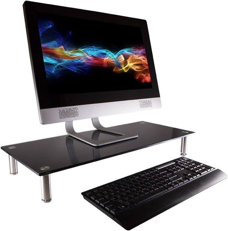 image:imageMonoprice Medium Multimedia Desktop Stand Black Glass 276 x 122 x 3 Stand amp Riser Laptop Stand Desktop TV Stand Dual Monitors w Height Adjustable Legs Workstream Collection 116360 256 x 110Black Glass