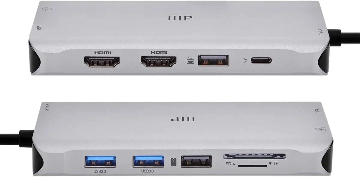 image:imageMonoprice 12in1 DualHDMI VGA MST Triple Monitor Docking Station Dual 4K HDMI VGA 5Gbps USBA Gigabit Ethernet SDMicroSD Readers 100W PD 35mm Dual AudioMicrophone Jack