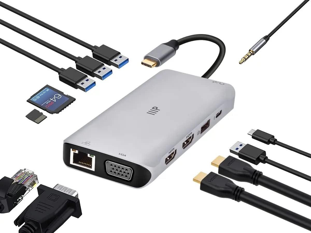 image:imageMonoprice 12in1 DualHDMI VGA MST Triple Monitor Docking Station Dual 4K HDMI VGA 5Gbps USBA Gigabit Ethernet SDMicroSD Readers 100W PD 35mm Dual AudioMicrophone Jack