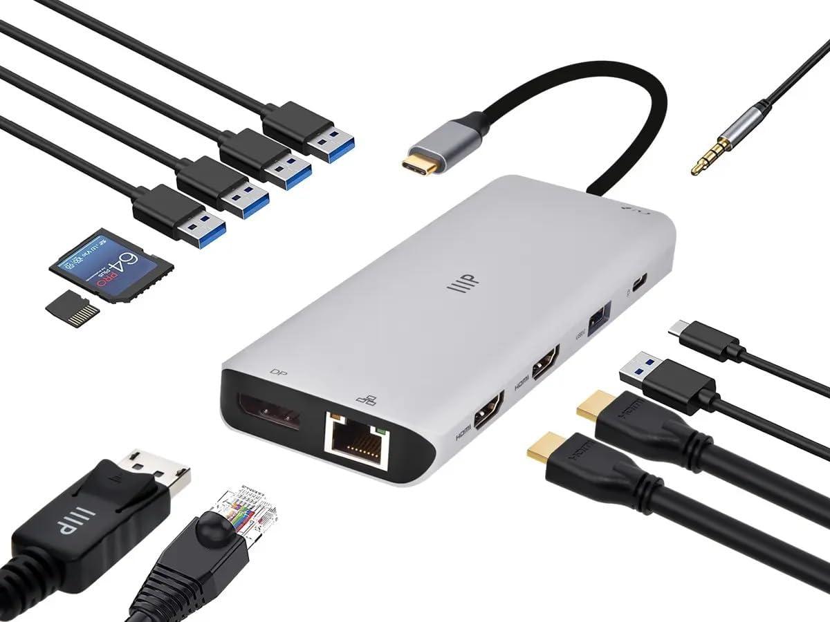 image:imageMonoprice 13in1 DualHDMI DisplayPort MultiStream Transport MST Triple Monitor Docking Station 4K 5Gbps USB A Ethernet Card Reader 100W PD Silver