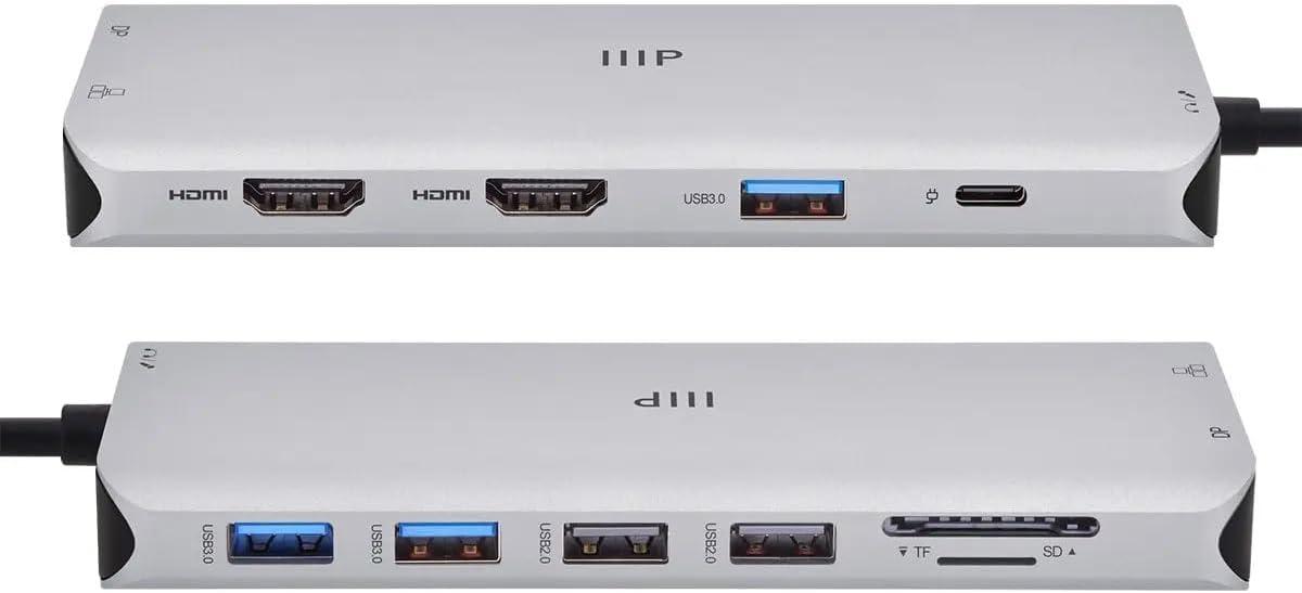 image:imageMonoprice 13in1 DualHDMI DisplayPort MultiStream Transport MST Triple Monitor Docking Station 4K 5Gbps USB A Ethernet Card Reader 100W PD Silver