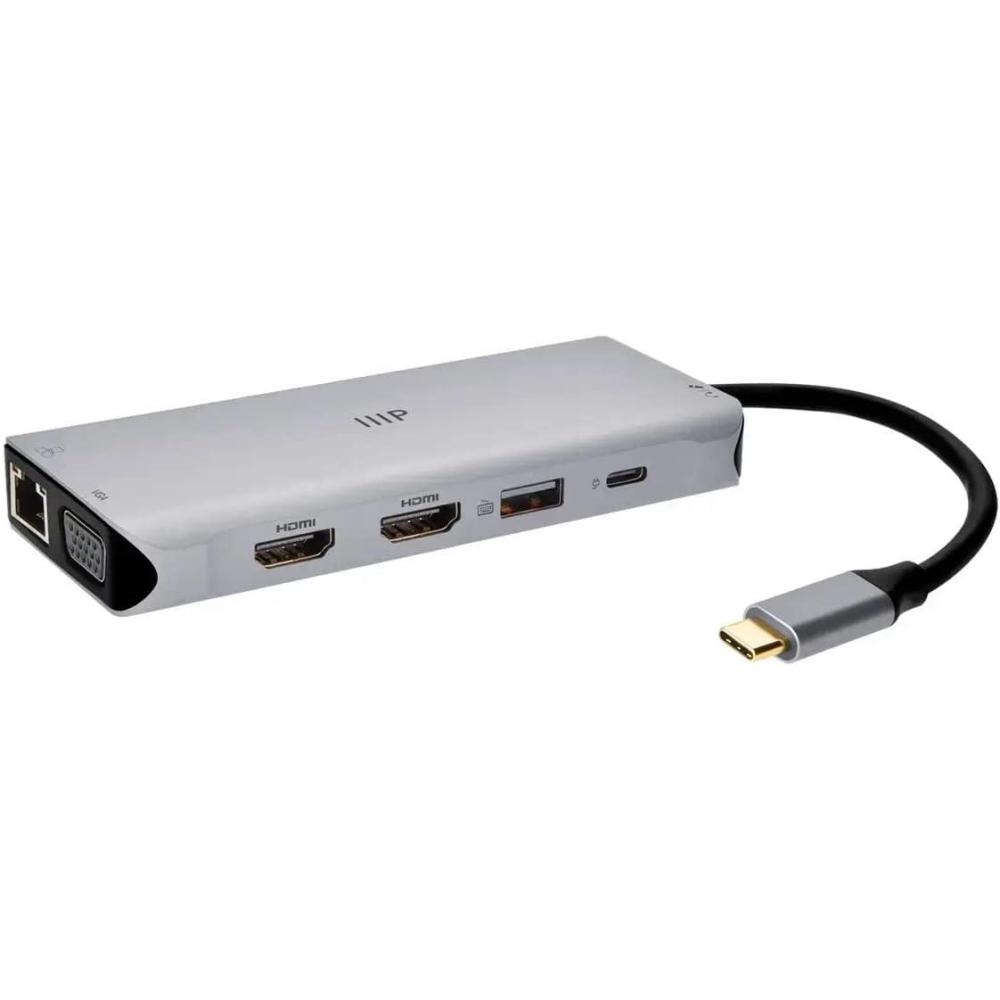 image:imageMonoprice 12in1 DualHDMI  VGA MST Triple Monitor Docking Station Dual 4K HDMI VGA 5Gbps USBA Gigabit Ethernet SDMicroSD Readers 100W PD 35mm Dual AudioMicrophone Jack