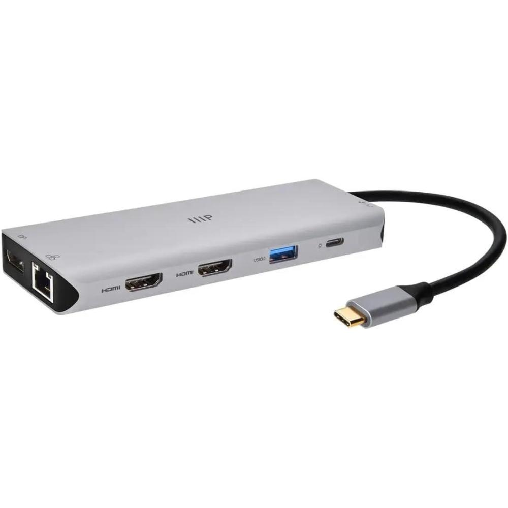 image:imageMonoprice 13in1 DualHDMI DisplayPort MultiStream Transport MST Triple Monitor Docking Station 4K 5Gbps USB A Ethernet Card Reader 100W PD Silver